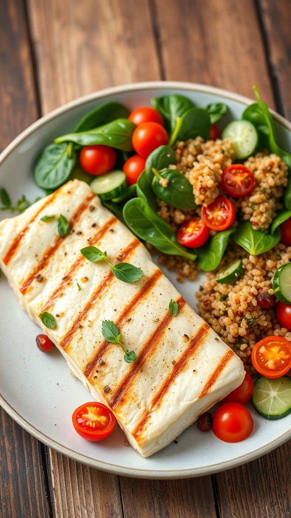 Grilled branzino on a plate with quinoa and spinach salad, garnished with herbs, on a rustic table.